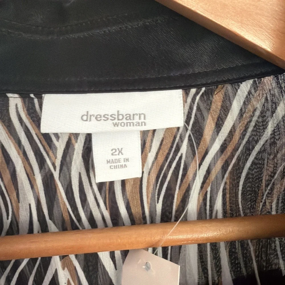 Dressbarn Brown Black Animal Print Sheer Button Blouse Sz 2X Long Sleeve Top